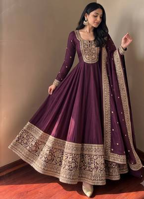 Women's wine heavy zari & sequins work anarkali suit set with straight pant and embroidered dupatta 3