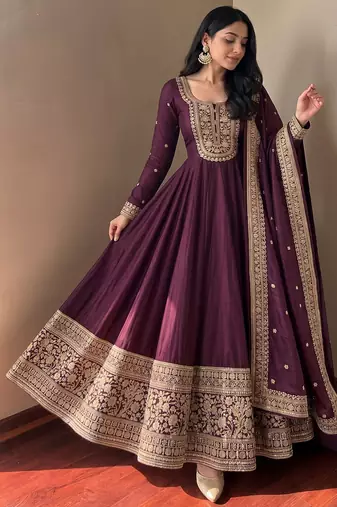 Women's wine heavy zari & sequins work anarkali suit set with straight pant and embroidered dupatta