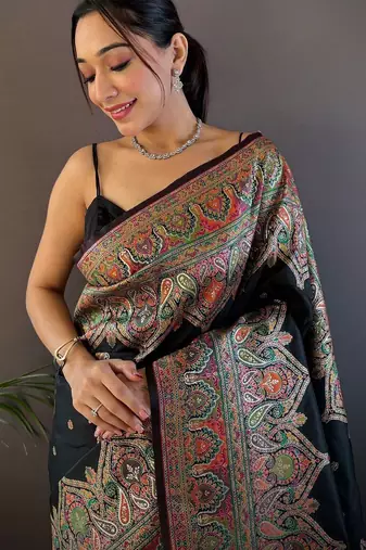 black woven design zari pashmina saree