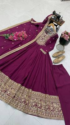 Women's wine heavy zari & sequins work anarkali suit set with straight pant and embroidered dupatta 4