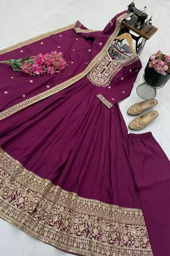 Women's wine heavy zari & sequins work anarkali suit set with straight pant and embroidered dupatta