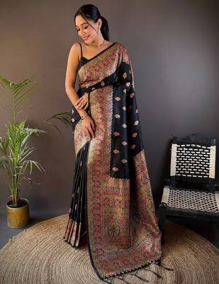 black ethnic motifs zari pashmina saree 1