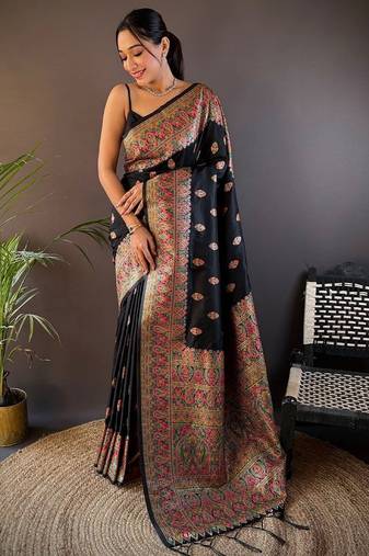 black ethnic motifs zari pashmina saree
