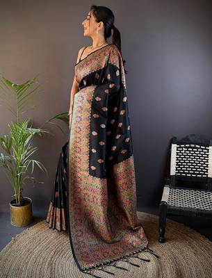black ethnic motifs zari pashmina saree 2