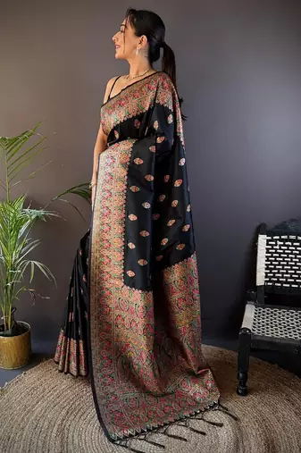 black ethnic motifs zari pashmina saree