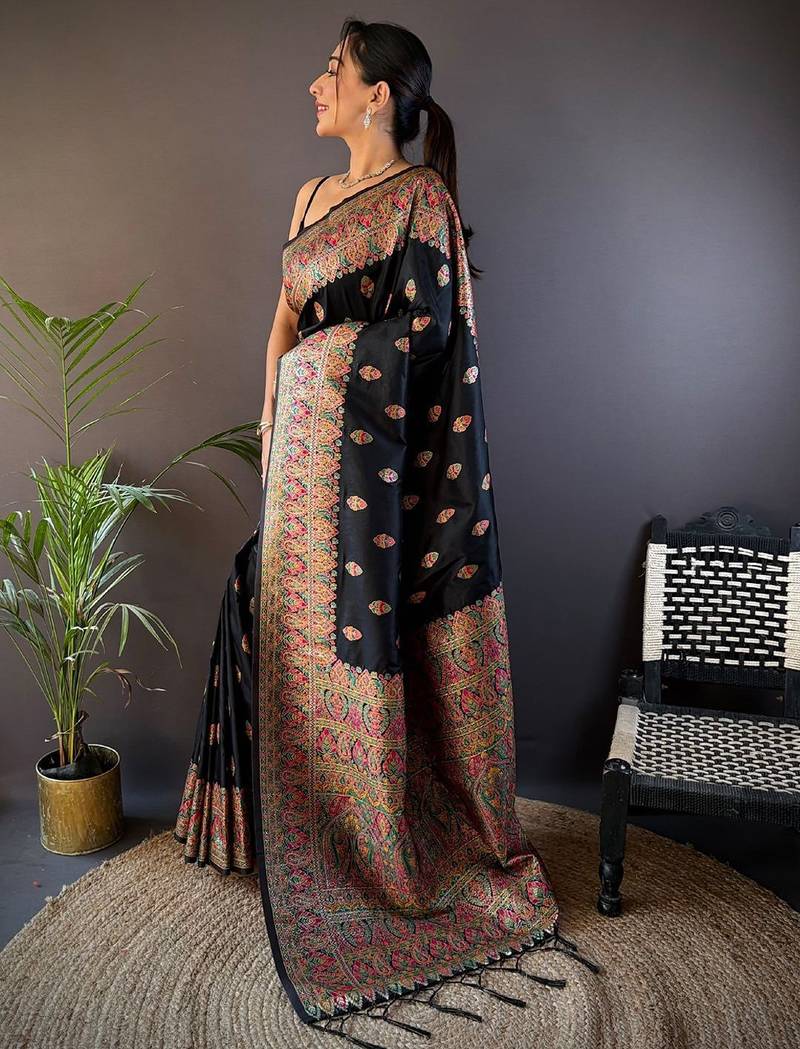 black ethnic motifs zari pashmina saree