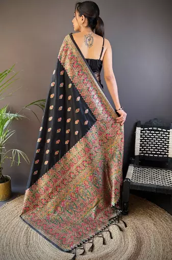 black ethnic motifs zari pashmina saree