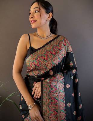 black ethnic motifs zari pashmina saree 4