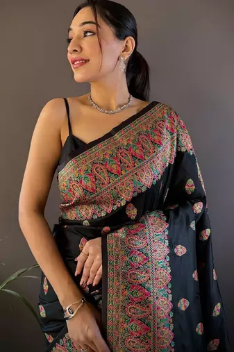 black ethnic motifs zari pashmina saree