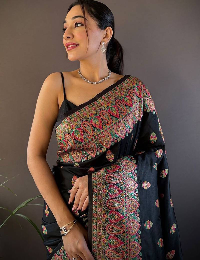 black ethnic motifs zari pashmina saree