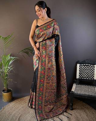 black ethnic motifs woven design zari pashmina saree 1