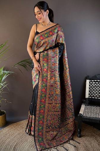 black ethnic motifs woven design zari pashmina saree
