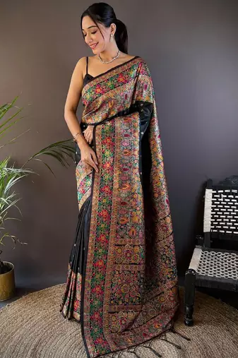 black ethnic motifs woven design zari pashmina saree