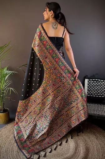 black ethnic motifs woven design zari pashmina saree