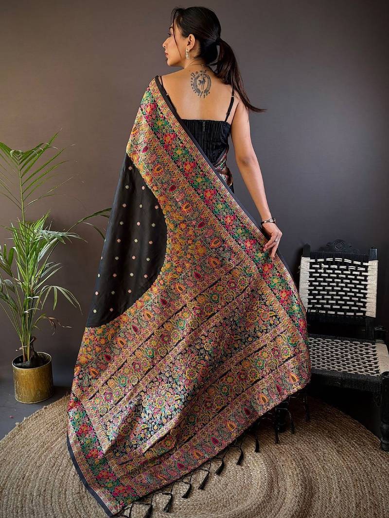 black ethnic motifs woven design zari pashmina saree