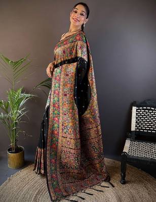 black ethnic motifs woven design zari pashmina saree 3