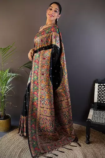 black ethnic motifs woven design zari pashmina saree