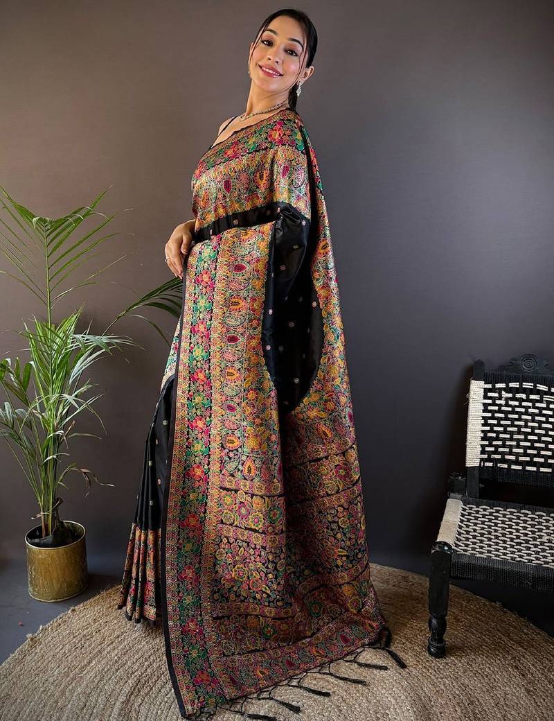 black ethnic motifs woven design zari pashmina saree