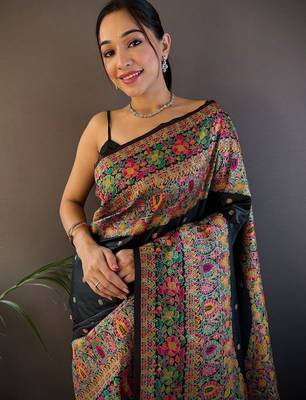black ethnic motifs woven design zari pashmina saree 4