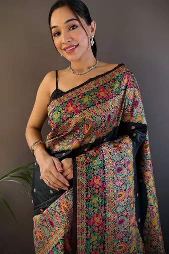 black ethnic motifs woven design zari pashmina saree