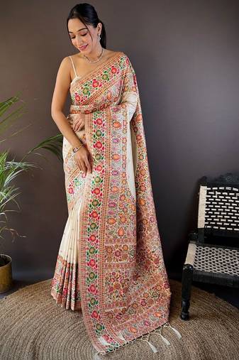 off_white ethnic motifs woven design zari pashmina saree