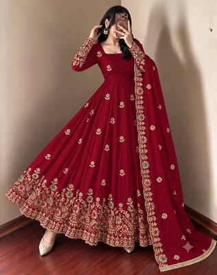 Women's deep red embroidered anarkali gown with dupatta 3