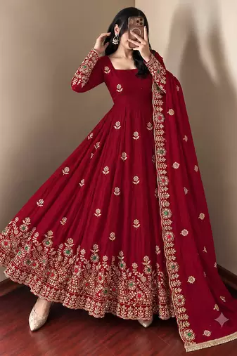 Women's deep red embroidered anarkali gown with dupatta