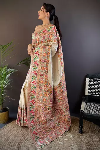 off_white ethnic motifs woven design zari pashmina saree