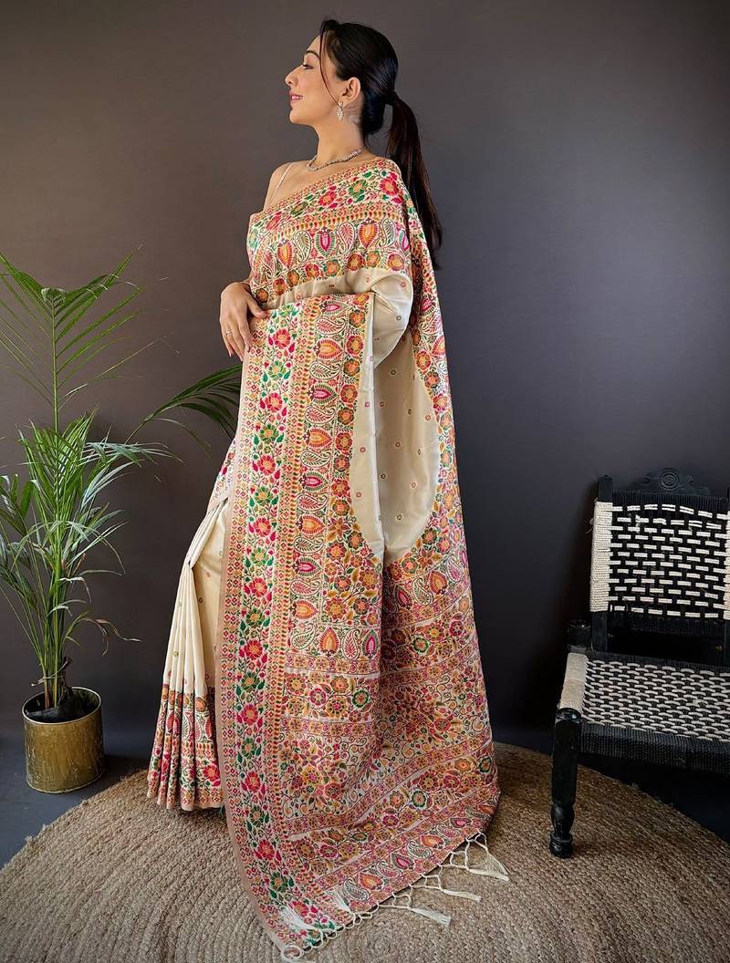 off_white ethnic motifs woven design zari pashmina saree