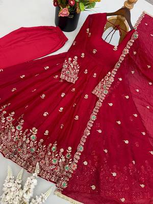 Women's deep red embroidered anarkali gown with dupatta 4