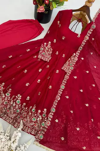 Women's deep red embroidered anarkali gown with dupatta