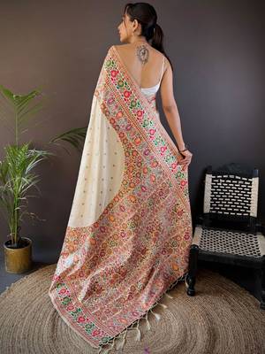 off_white ethnic motifs woven design zari pashmina saree 3