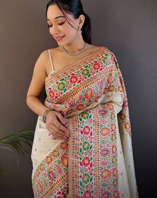 off_white ethnic motifs woven design zari pashmina saree 4