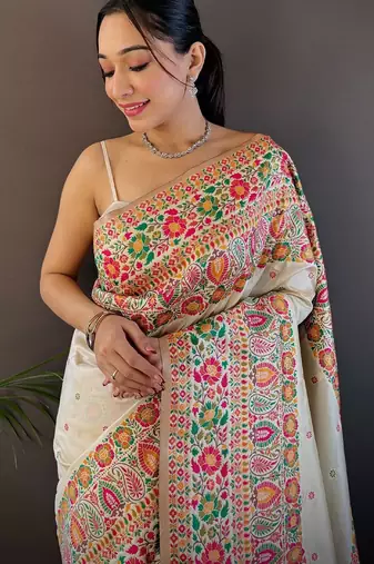 off_white ethnic motifs woven design zari pashmina saree