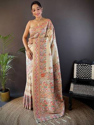 off_white floral woven design zari pashmina saree 1