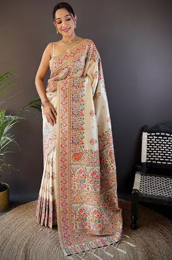 off_white floral woven design zari pashmina saree