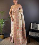 off_white floral woven design zari pashmina saree