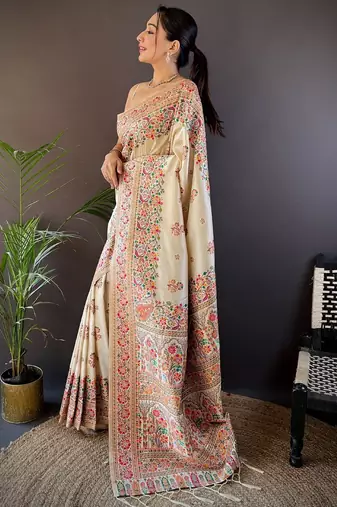 off_white floral woven design zari pashmina saree