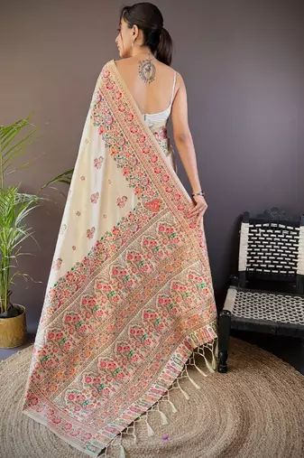 off_white floral woven design zari pashmina saree