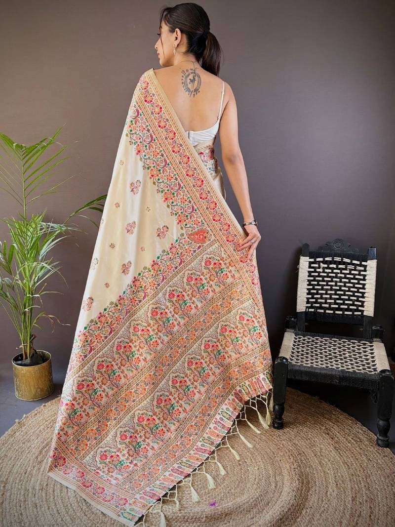 off_white floral woven design zari pashmina saree