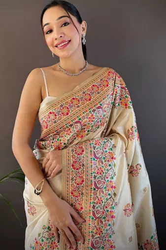 off_white floral woven design zari pashmina saree