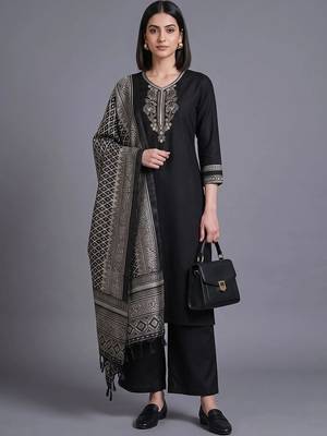women ethnic motifs embroidered regular thread work kurta with palazzos & with dupatta 1