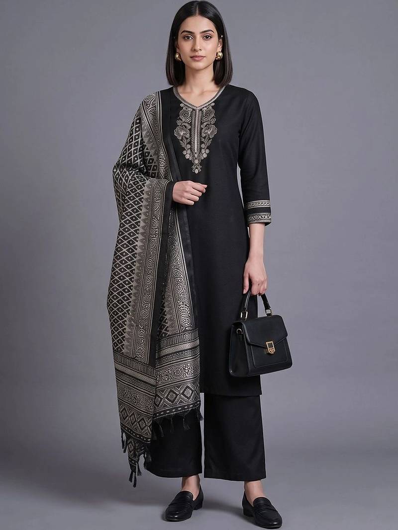 women ethnic motifs embroidered regular thread work kurta with palazzos & with dupatta