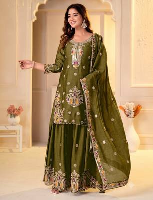 Mehendi green embroidered kurti with sharara and dupatta set for women 1