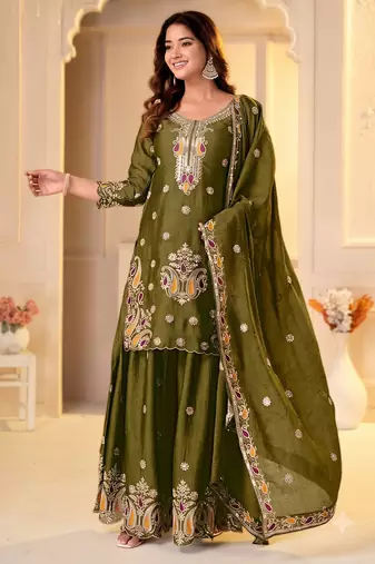 Mehendi green embroidered kurti with sharara and dupatta set for women