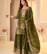 Mehendi green embroidered kurti with sharara and dupatta set for women