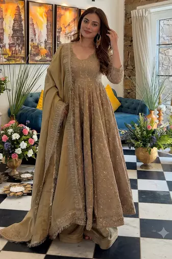Fancy heavy embroidery work flared anarkali kurti with bottom & dupatta set