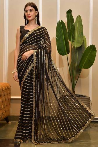 black black striped embellished sequinned saree