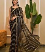 black black striped embellished sequinned saree