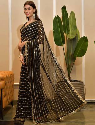 black black striped embellished sequinned saree 2
